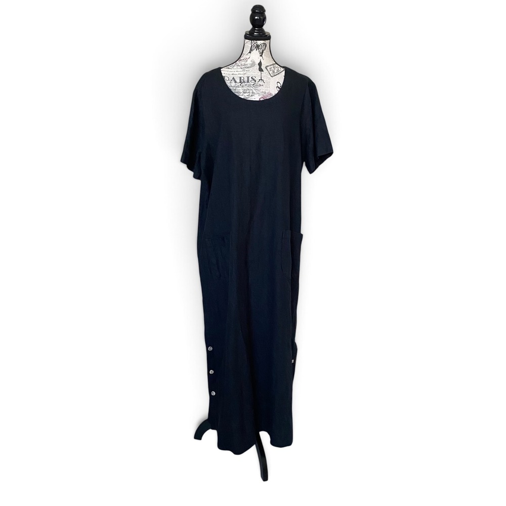 Studio Ease Maxi Dress Women 22W Black Linen Short Sleeve‎ Button Slit Lagenlook
